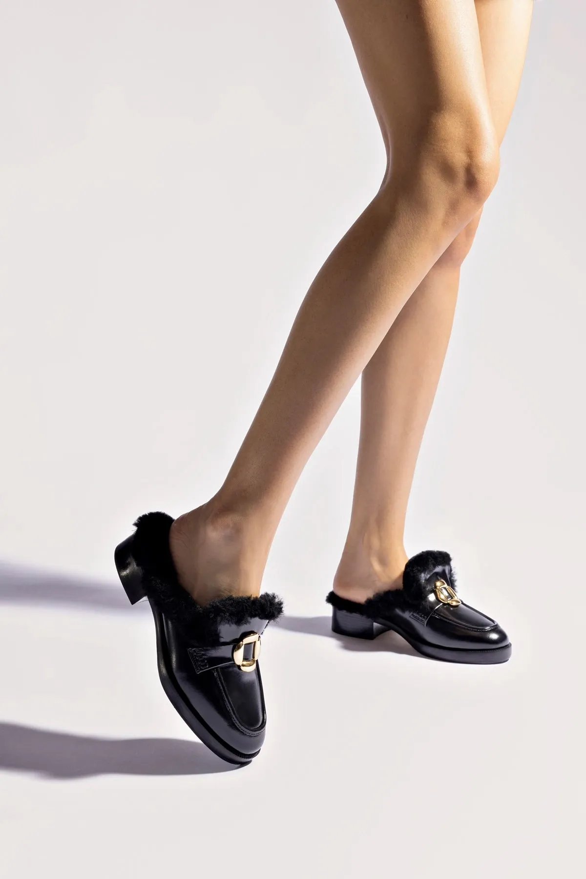 Bobbie Mule In Black Leather and Black Shearling