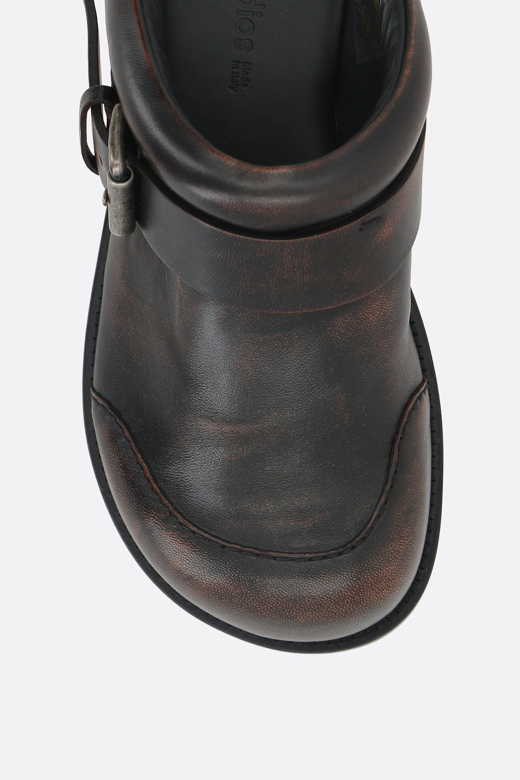 glossy leather mules with buckle-detail