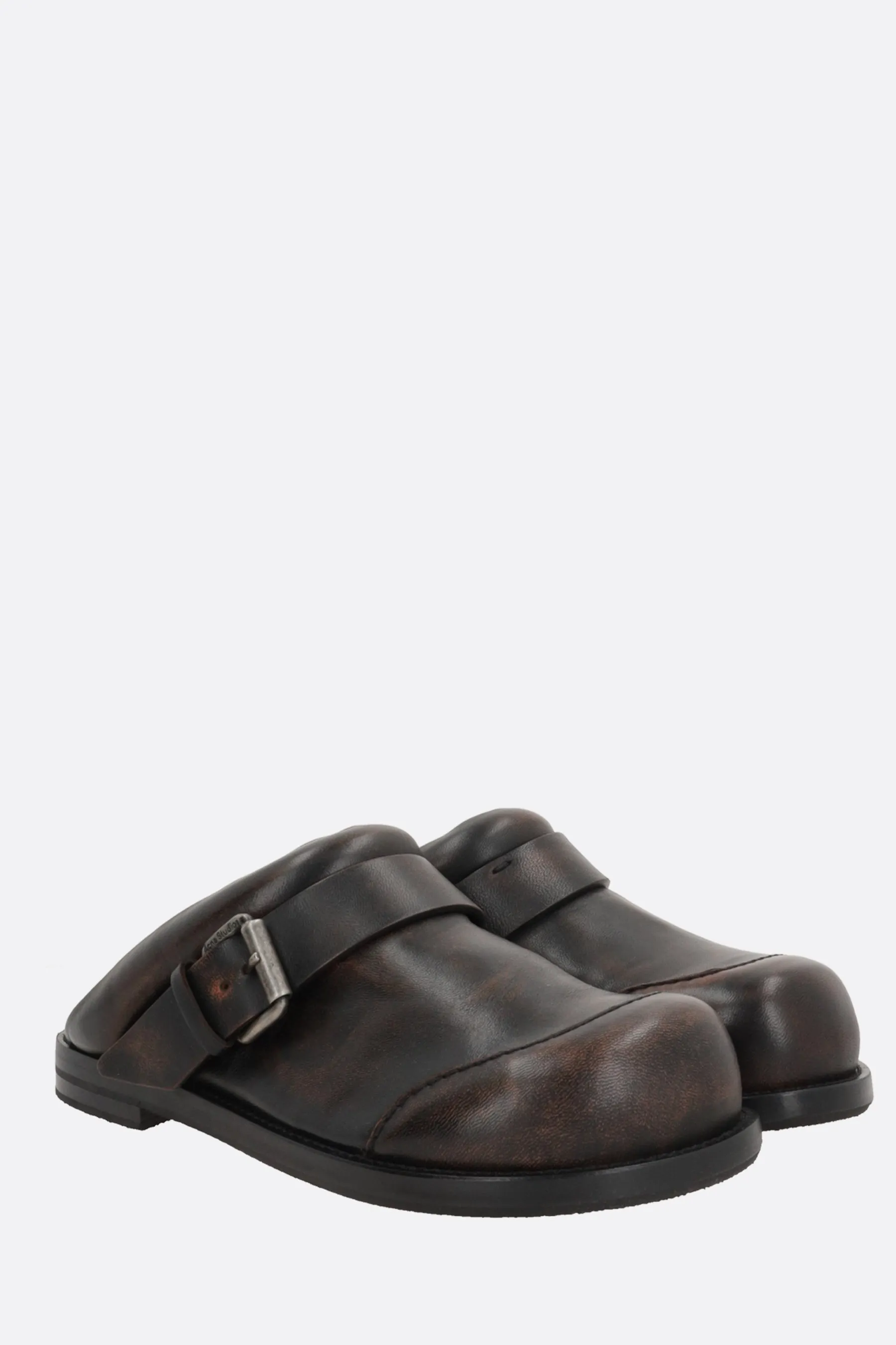 glossy leather mules with buckle-detail