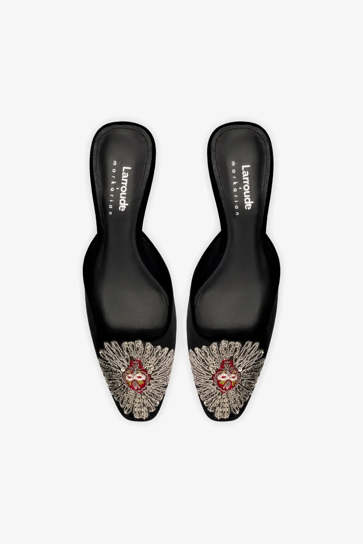 Larroudé x Markarian Mule In Black Velvet and Heart Embroidery