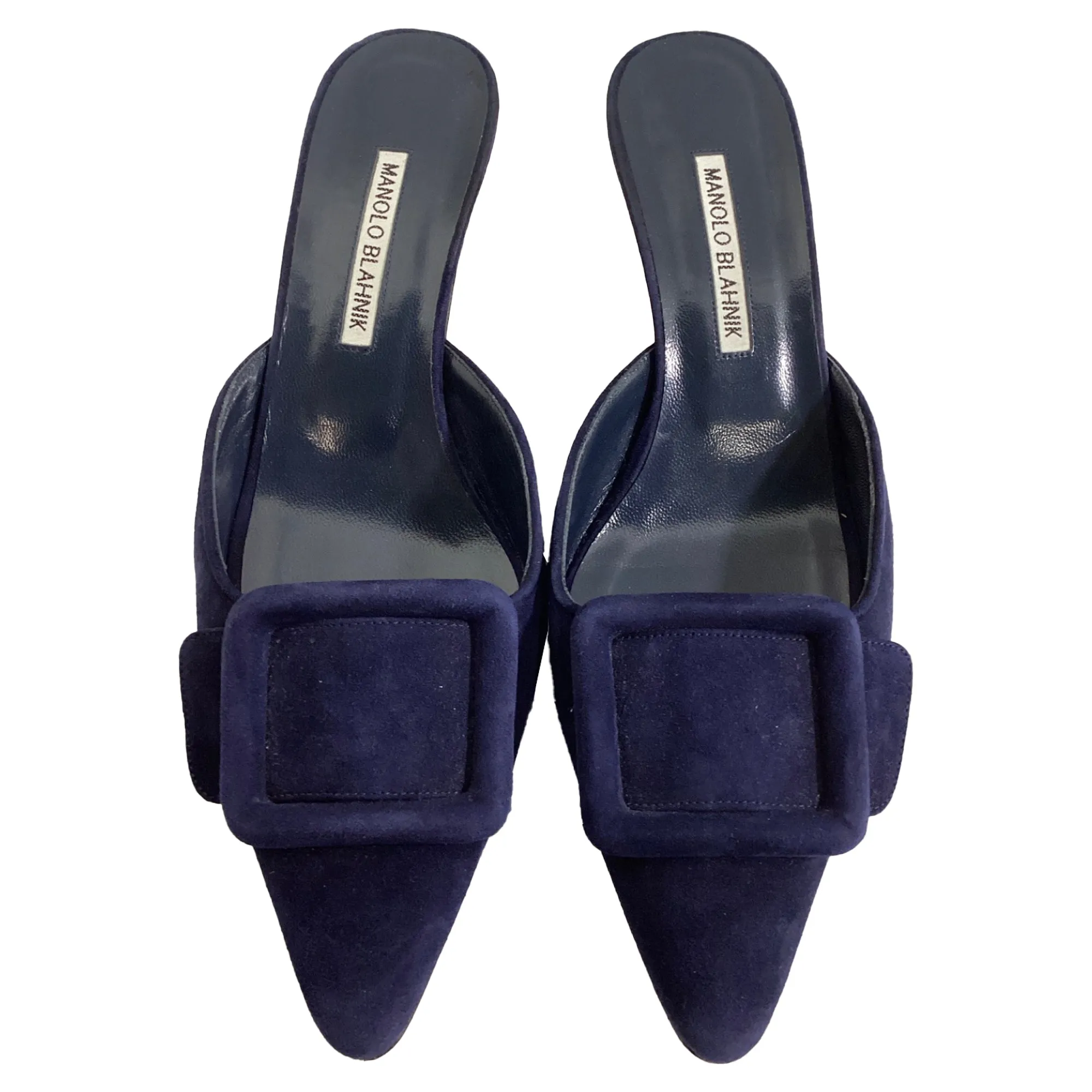 Manolo Blahnik Kitten Heel Mules in Navy Blue Suede