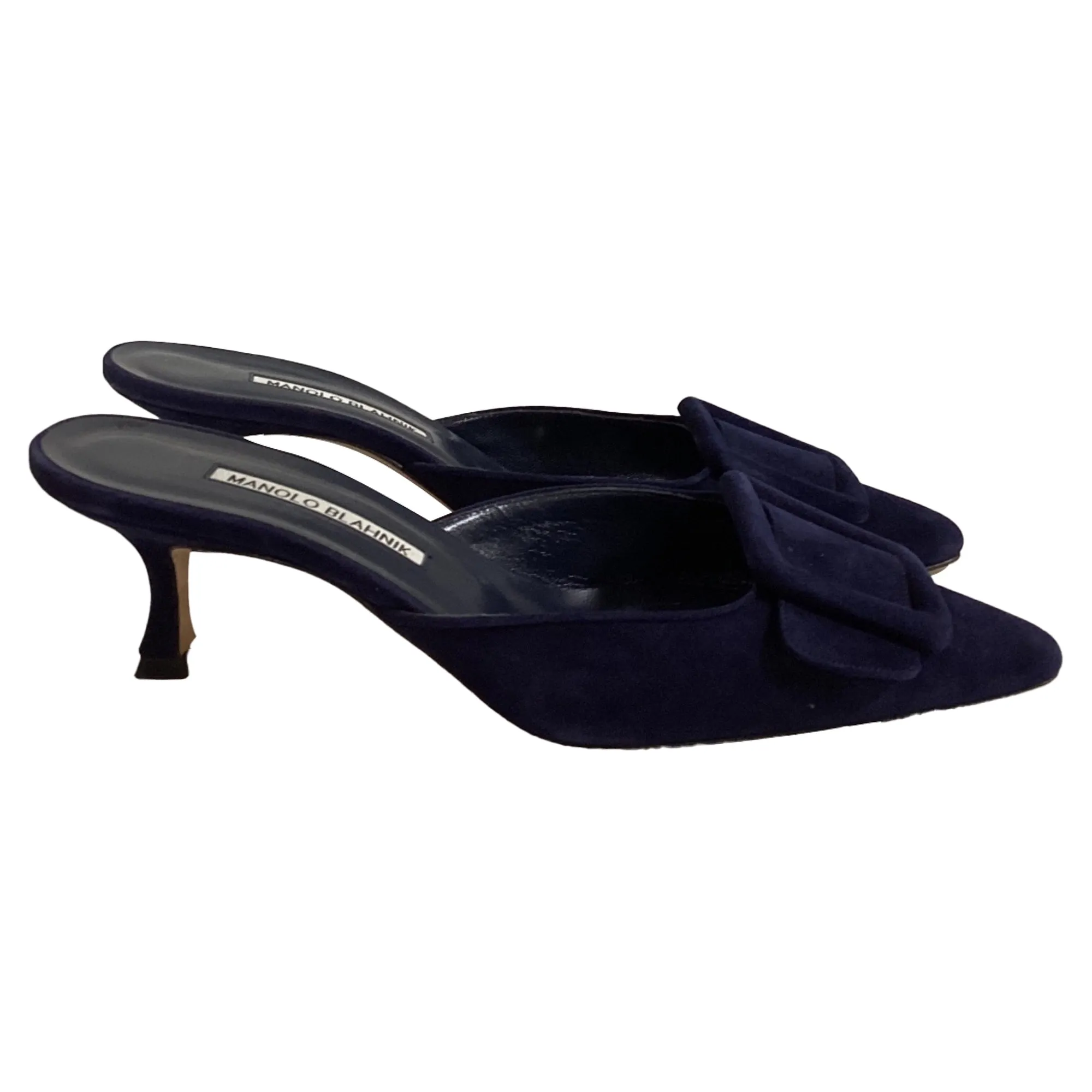 Manolo Blahnik Kitten Heel Mules in Navy Blue Suede