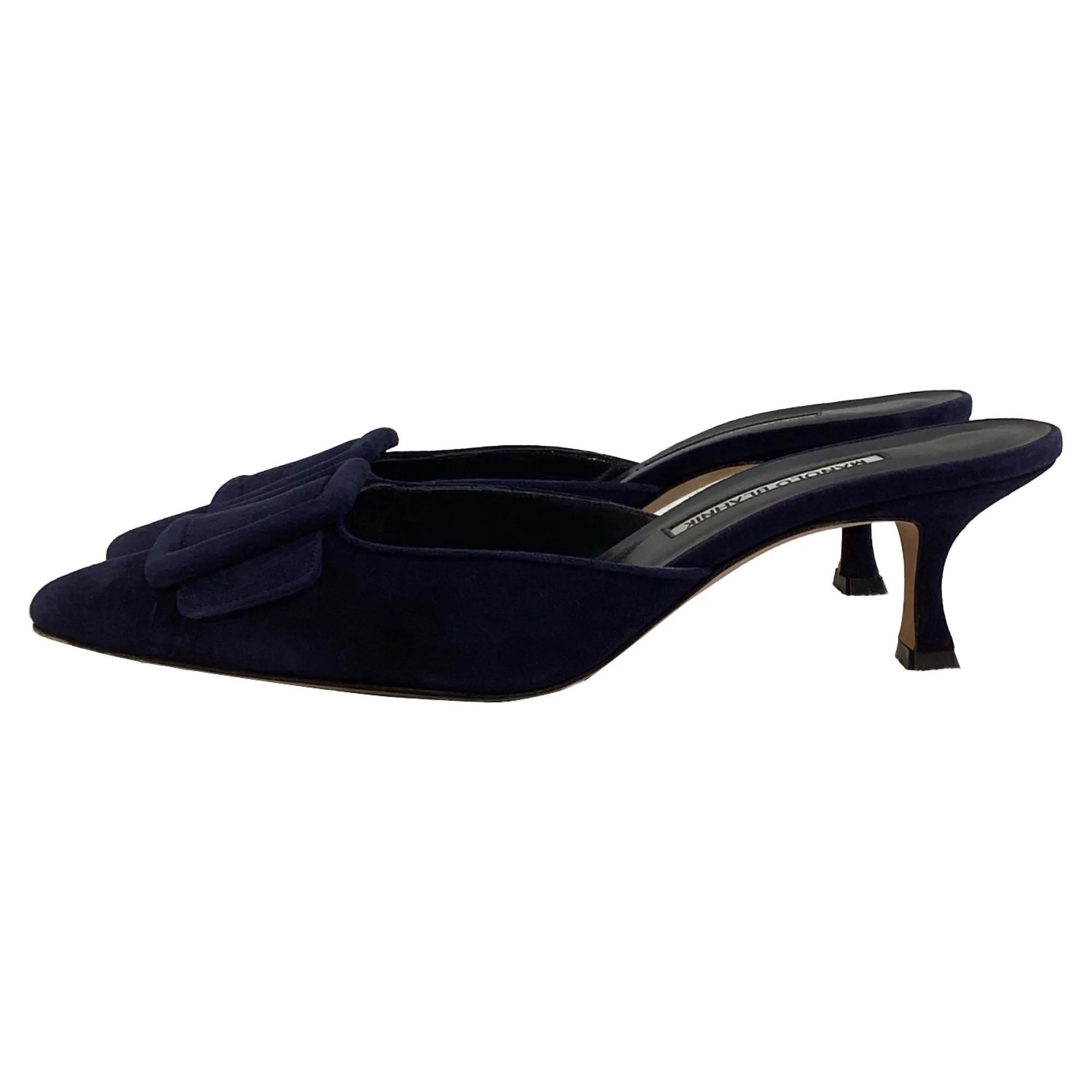 Manolo Blahnik Kitten Heel Mules in Navy Blue Suede