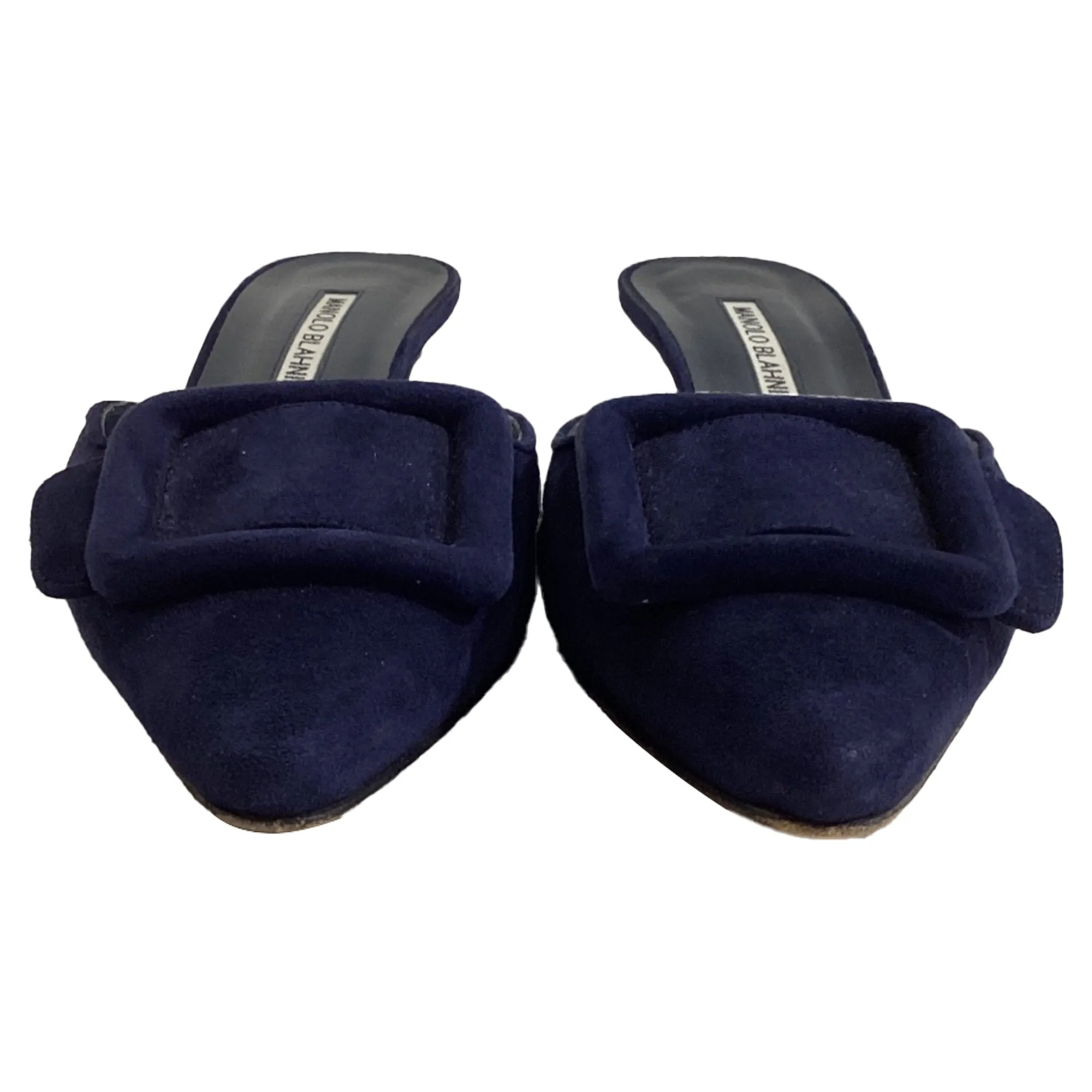 Manolo Blahnik Kitten Heel Mules in Navy Blue Suede