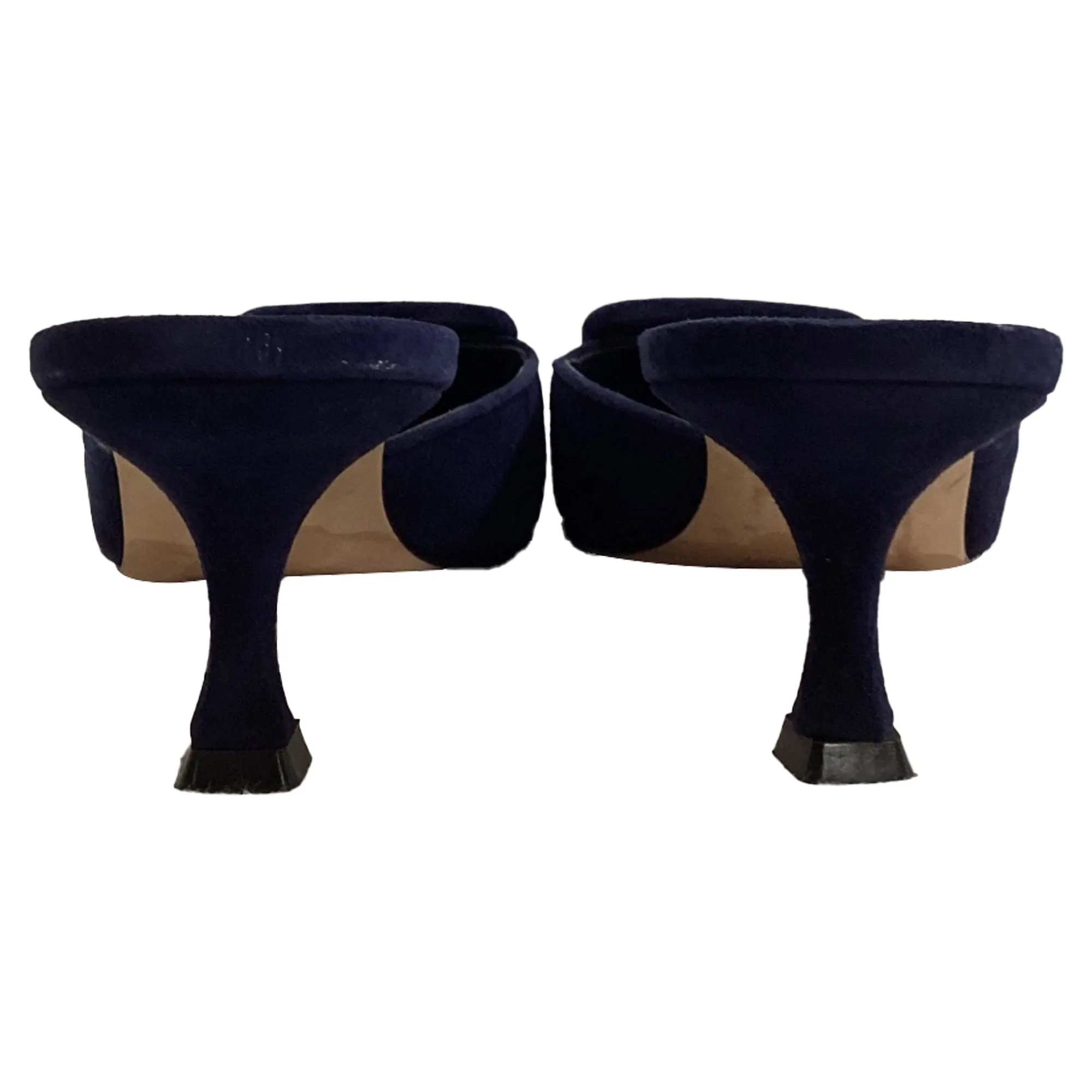 Manolo Blahnik Kitten Heel Mules in Navy Blue Suede