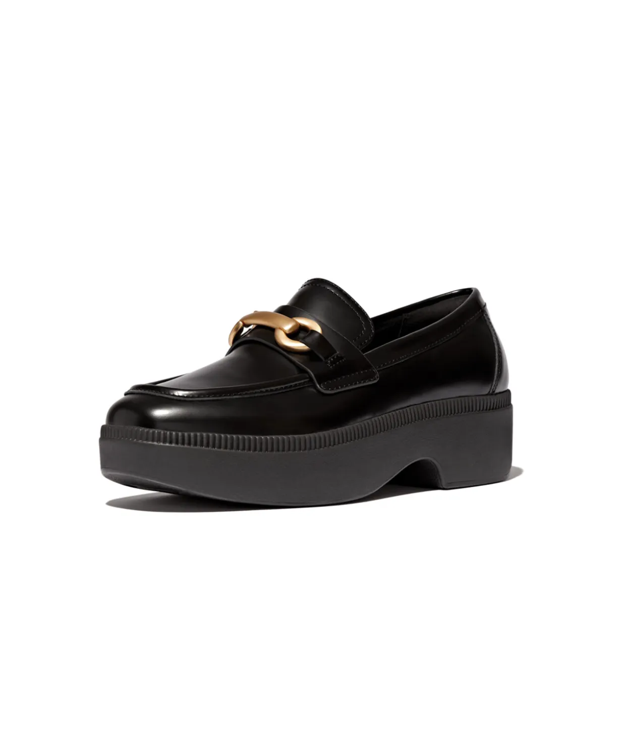Womens Fitflop Shoes Fitflop F-Luma Chunky Snaffle Box Leather D/Wedge Loafer Black