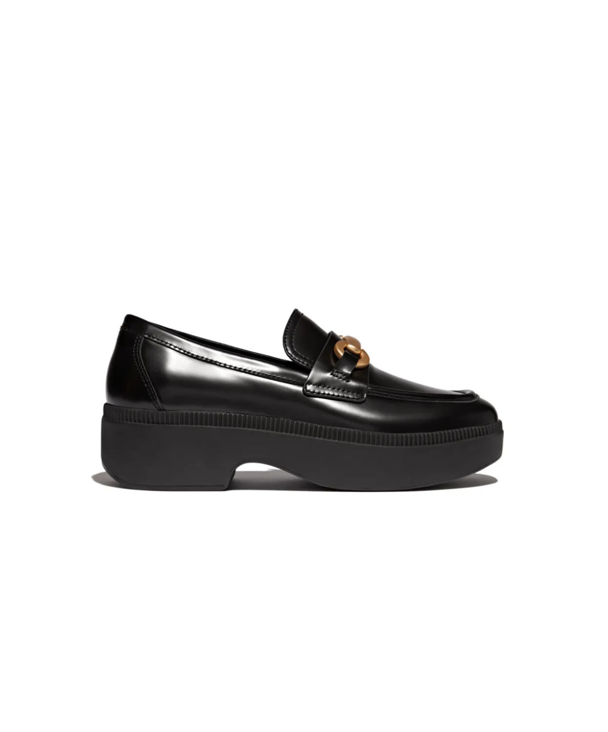 Womens Fitflop Shoes Fitflop F-Luma Chunky Snaffle Box Leather D/Wedge Loafer Black