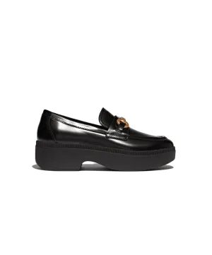 Womens Fitflop Shoes Fitflop F-Luma Chunky Snaffle Box Leather D/Wedge Loafer Black